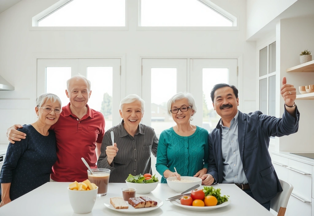 Seniorzy jedzący zdrowy posiłek w słonecznej kuchni.