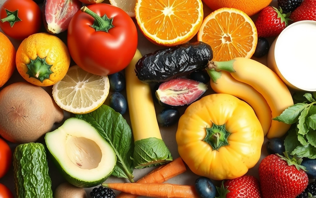 Abstrakcyjna ilustracja różnorodnych zdrowych składników odżywczych symbolizujących witaminy i minerały