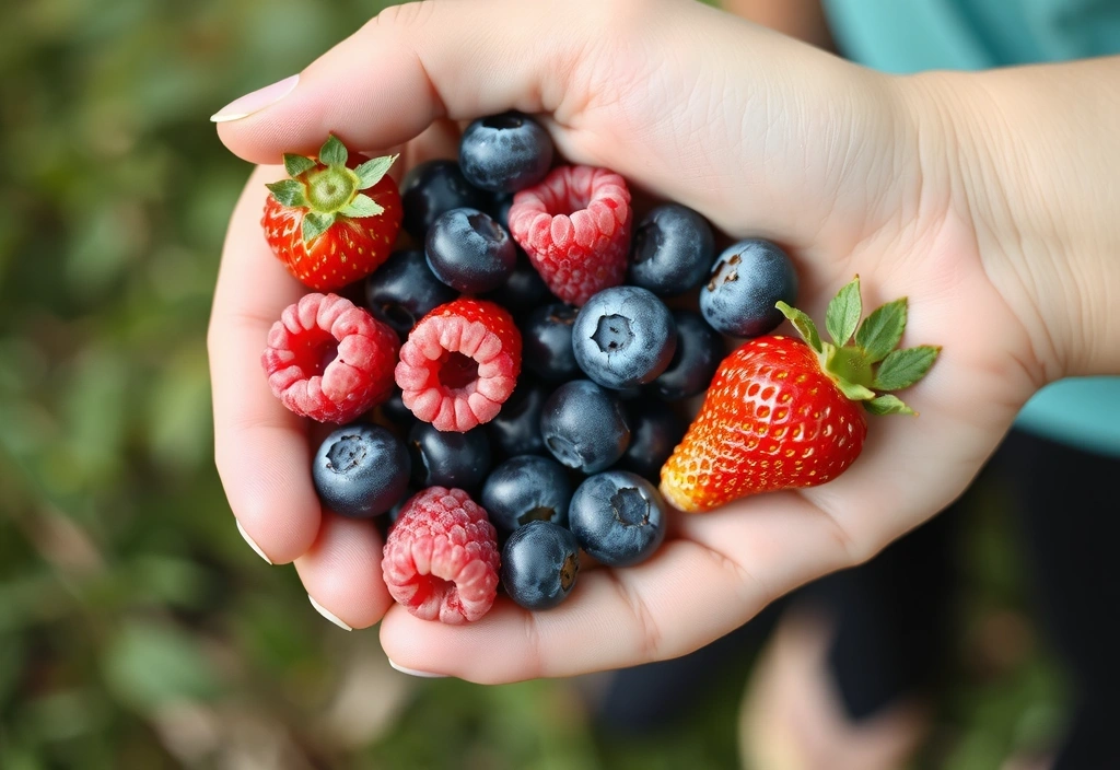 Close-up of a senior's hand holding fresh berries