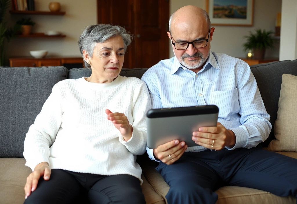 Senior couple reviewing terms and conditions on a tablet, looking thoughtful and engaged.