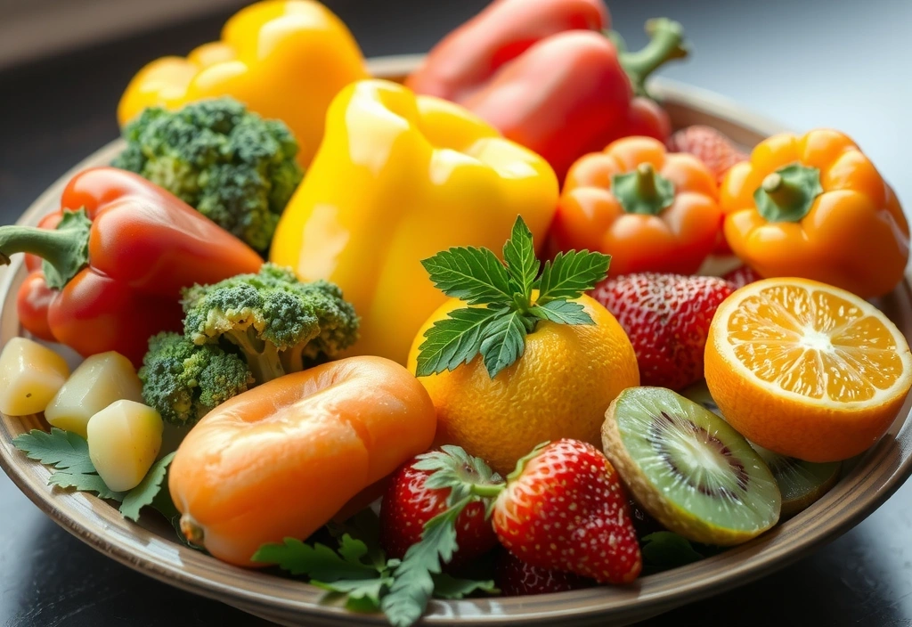 Talerz pełen świeżych owoców i warzyw bogatych w witaminę C