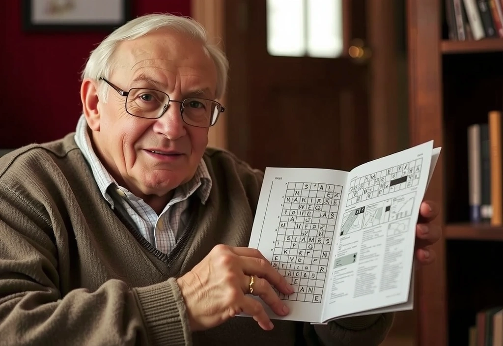 Starszy człowiek rozwiązujący krzyżówkę, symbolizujący sprawność umysłu.
